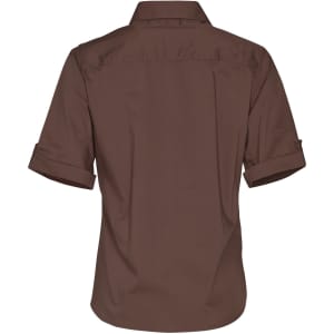 A short sleeve military shirt in dark brown, featuring a standard collar and rolled cuffs, with a logo on the back.