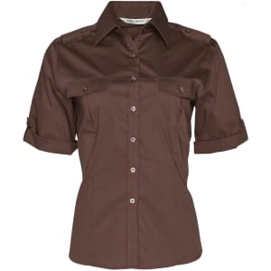 A brown women's short sleeve military shirt featuring button-up front and pockets, with rolled sleeves.