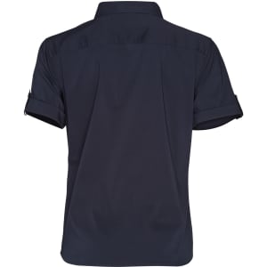A women's short sleeve military shirt in navy blue, featuring rolled-up sleeves and a back yoke design.
