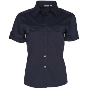 A women's short sleeve military shirt in navy blue with button-up front and two chest pockets. Features a logo.