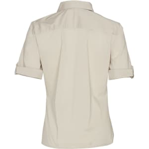 A beige women's short sleeve military shirt with a button-up design and rolled sleeves, featuring a logo.