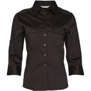 A black women's 3/4 sleeve military shirt featuring button-front closure and chest pockets. The shirt has a logo on it.