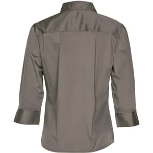 A women's 3/4 sleeve military shirt in olive green, featuring a collared neck and a back yoke. It has a logo.