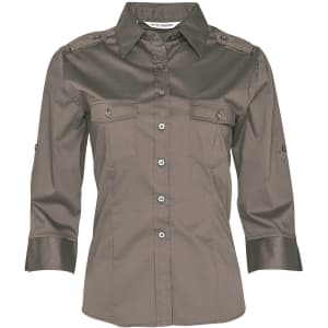 A khaki women's 3/4 sleeve military-style shirt featuring two front pockets and button-up detailing.