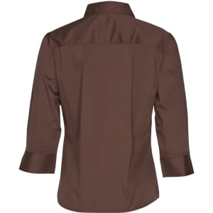 A brown women's 3/4 sleeve military shirt featuring a back yoke and cuffed sleeves. It has a logo.