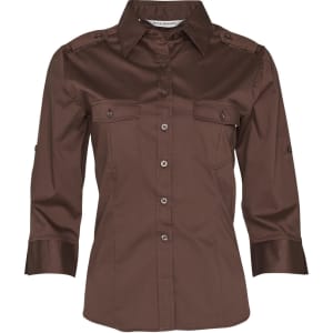 A brown women's 3/4 sleeve military shirt featuring a collared neckline and button detailing. It has a logo on the shirt.
