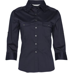 A navy women's 3/4 sleeve military shirt features buttoned pockets and a collared neckline. It has a logo on the label.