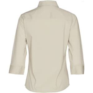 A back view of a women's beige 3/4 sleeve military shirt featuring a collar and a simple design.