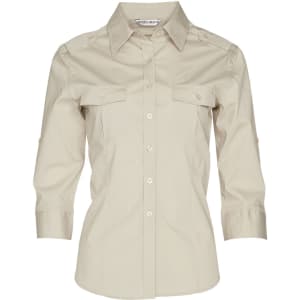 A beige women's 3/4 sleeve military shirt with two chest pockets and a collared design. Features a logo.