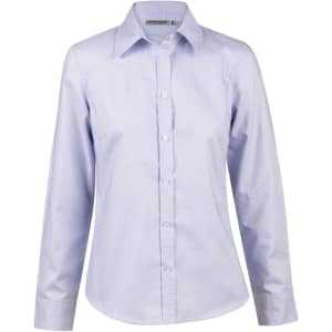 A light blue ladies' button-up shirt with long sleeves and a collared neckline, featuring a logo.