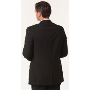 A black men's two-button jacket in wool stretch, featuring a smooth back design and tailored fit.