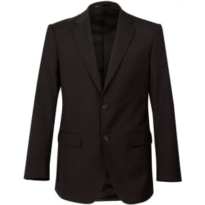 A black wool stretch blazer featuring two buttons and side pockets, with a sleek and tailored design.