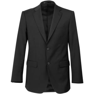 A black wool stretch jacket featuring two buttons and a classic blazer style, including a logo on the interior.