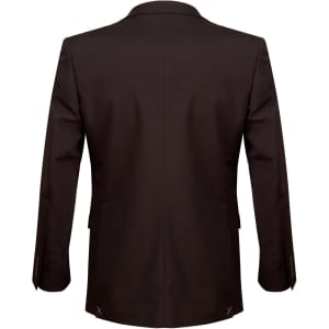 A brown wool stretch men's two-button jacket, featuring a classic design with a sleek back view.