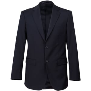 A black wool stretch blazer jacket with two buttons and a single chest pocket.