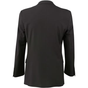 A back view of a black men's poly/viscose stretch jacket, featuring a tailored design and a single vent.