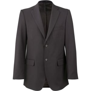 A men's stretch jacket in dark grey with a single-breasted design and two front pockets, featuring a logo.