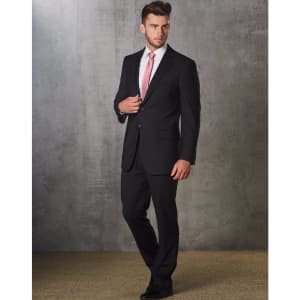 A men's poly/viscose stretch jacket in black, paired with a white shirt and pink tie, set against a textured backdrop.