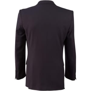 A black men's poly/viscose stretch jacket, featuring a classic design and structured fit, viewed from the back.