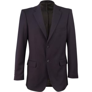 A black men's poly/viscose stretch jacket with a single-breasted design and two front pockets.