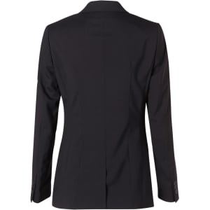 A women's mid-length jacket in black, showcasing a tailored back view with long sleeves and a sleek design.