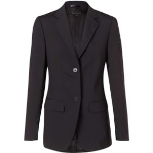 A black women's mid-length jacket with a tailored fit, featuring a two-button closure and lapel collar.