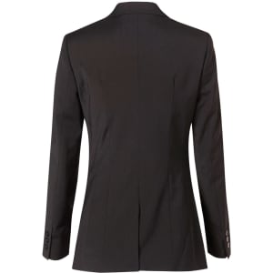 A women's mid-length jacket in black, featuring a tailored fit and a back vent. Includes button details on the sleeves.