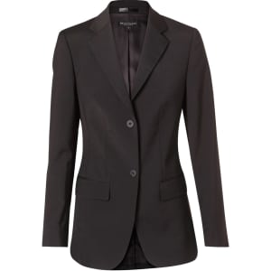 A women's mid-length jacket in a dark charcoal grey with a fitted silhouette and two front pockets.
