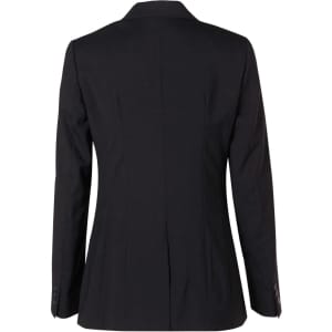 A black women's mid-length jacket with a fitted back and long sleeves, featuring a single vent and buttoned cuffs.