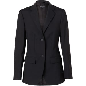 A women's mid-length jacket in black with a tailored fit, featuring two front buttons and pockets.
