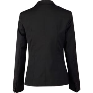 A black wool blend stretch cropped jacket featuring a one-button closure and tailored back design.