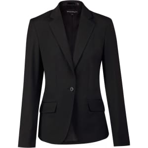 A black wool blend stretch cropped jacket featuring a one-button closure and two front pockets. Includes branding.