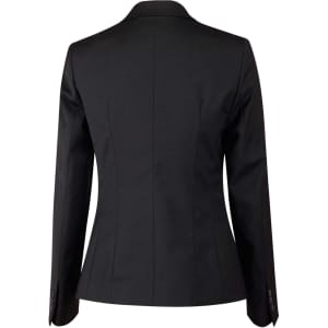 A black ladies' wool blend stretch cropped jacket with a one-button closure and tailored fit, featuring a sleek back design.