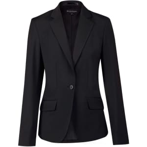 A black wool blend stretch cropped jacket with one button and two front pockets. It features a tailored fit and lapel collar.