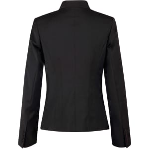 A black ladies' wool blend stretch reverse lapel jacket, featuring a fitted design and buttoned cuffs.