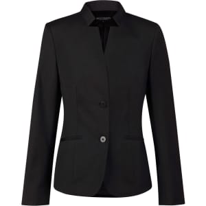 A black ladies' wool blend stretch reverse lapel jacket featuring a fitted silhouette and two buttons.