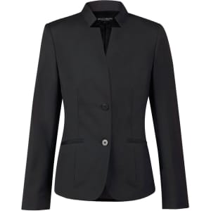 A black wool blend stretch reverse lapel jacket with two buttons and side pockets, featuring a brand logo.