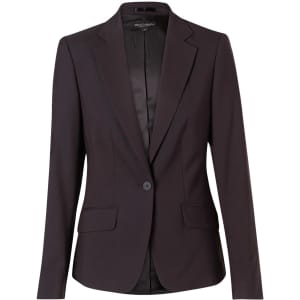 A women's cropped blazer in a deep brown hue with a one-button closure and two front pockets. Features a sleek design.