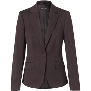 A women's cropped blazer in dark brown with a single button, featuring a sleek, tailored design.