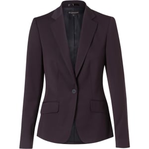 A women's cropped blazer in dark purple with a single button and two front pockets. Features a branded label.