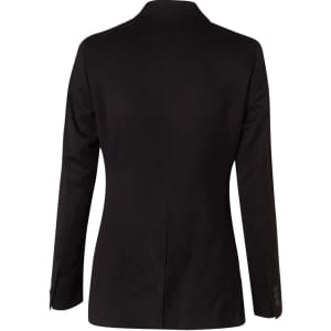A women's mid-length black jacket with two buttons, featuring a tailored fit and long sleeves.