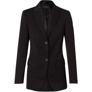 A black mid-length jacket with two buttons and a fitted design. Features pockets and a logo on the label.