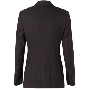 A black women's mid-length jacket featuring two buttons and a fitted design, made from poly/viscose stretch fabric.