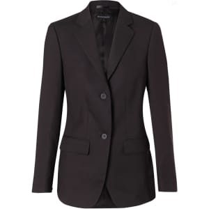 A black mid-length women's jacket with two buttons and a tailored design, featuring pockets and a single vent.