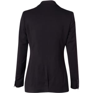 A mid-length women's black jacket with two buttons and long sleeves, featuring a fitted design and back seam detailing.