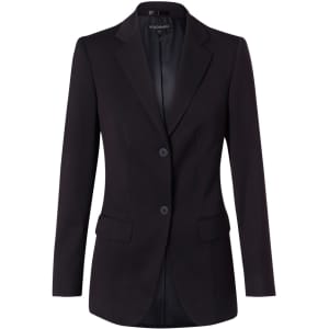 A women's mid-length jacket in black with two buttons, featuring a tailored fit and a classic blazer design.