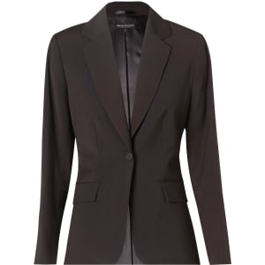 A women's cropped blazer in black featuring a one-button closure and a stripe pattern, with a logo at the neckline.
