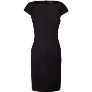 A black cap sleeve dress featuring a fitted silhouette and pleated detailing, designed in a wool blend stretch fabric.