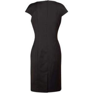 A fitted black wool blend dress with cap sleeves and a back zipper. The dress features tailored seams and a sleek silhouette.