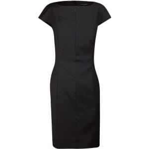 A black cap sleeve dress made from a wool blend with a fitted silhouette, featuring a subtle branding detail.